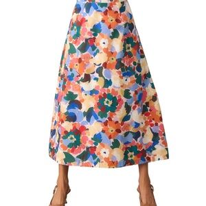 Prosperina River Orange Multi Floral Print Cotton Midi Skirt, size L, NWT